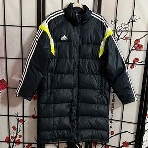 Adidas Black Long Puffer Vintage Jacket with Yellow Highlights
